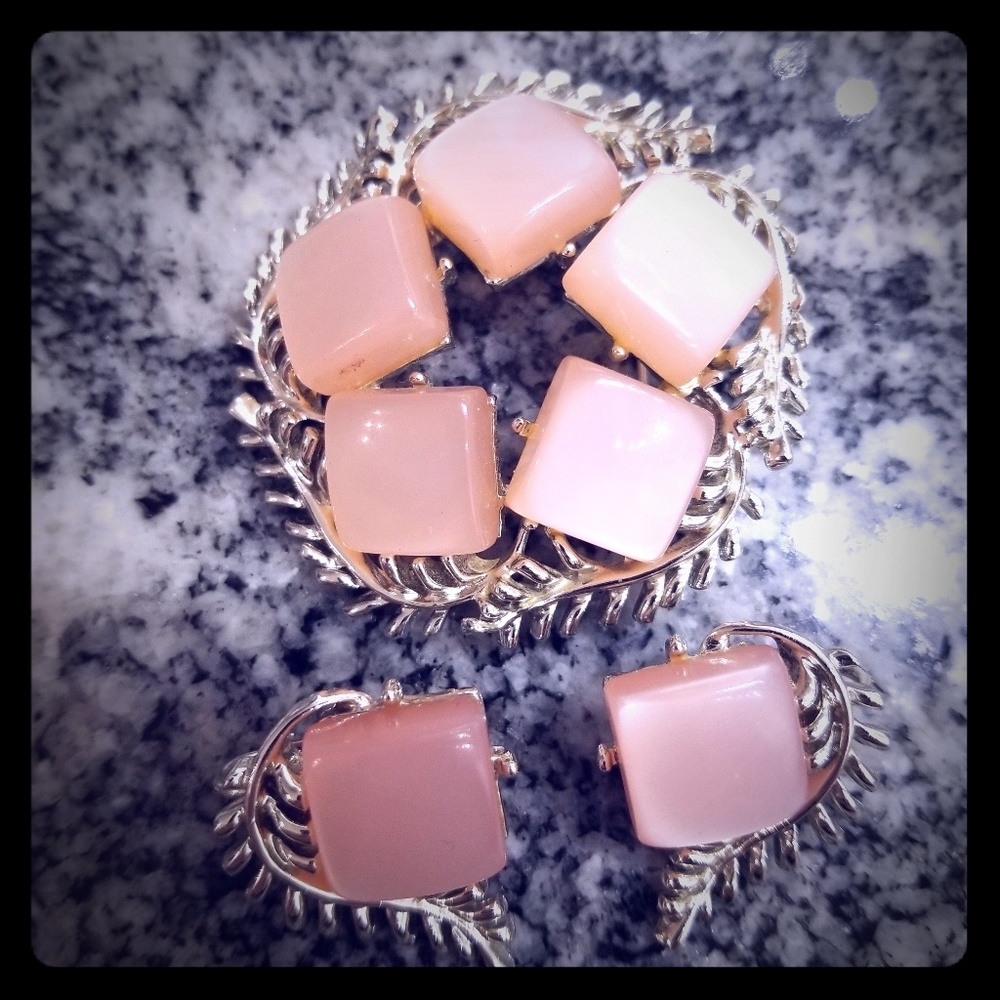 Coro Thermoplast Moonglow Earrings and Brooch Vintage Stamped Classic Shimmer